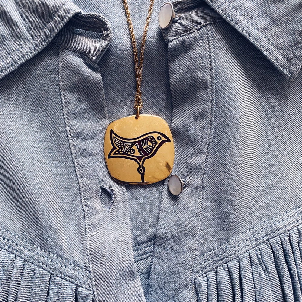 vintage modernist goldstone and enamel engraved from the 70s